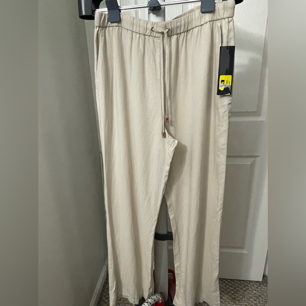 Donna Karan New York Tan Drawstring Pant Size M NWT Linen Blend